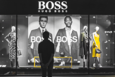 Стильний чоловік у костюмі Boss на фоні сучасного міста